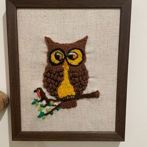 Framed vintage embroidered Crewel owl